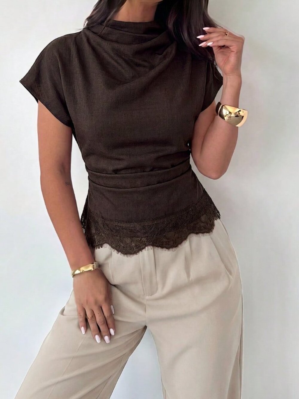 Brown Elegant Women's Side Ruched Cinched Waist Shirt